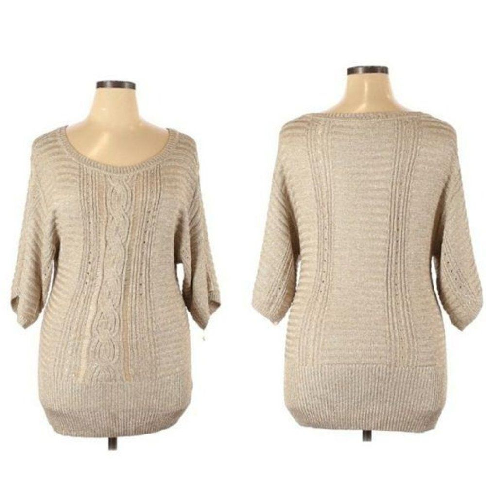 WHBM Metallic Tunic Textured Cable Knit Scoop Kimono‎ Batwing Sweater Gold Sz L